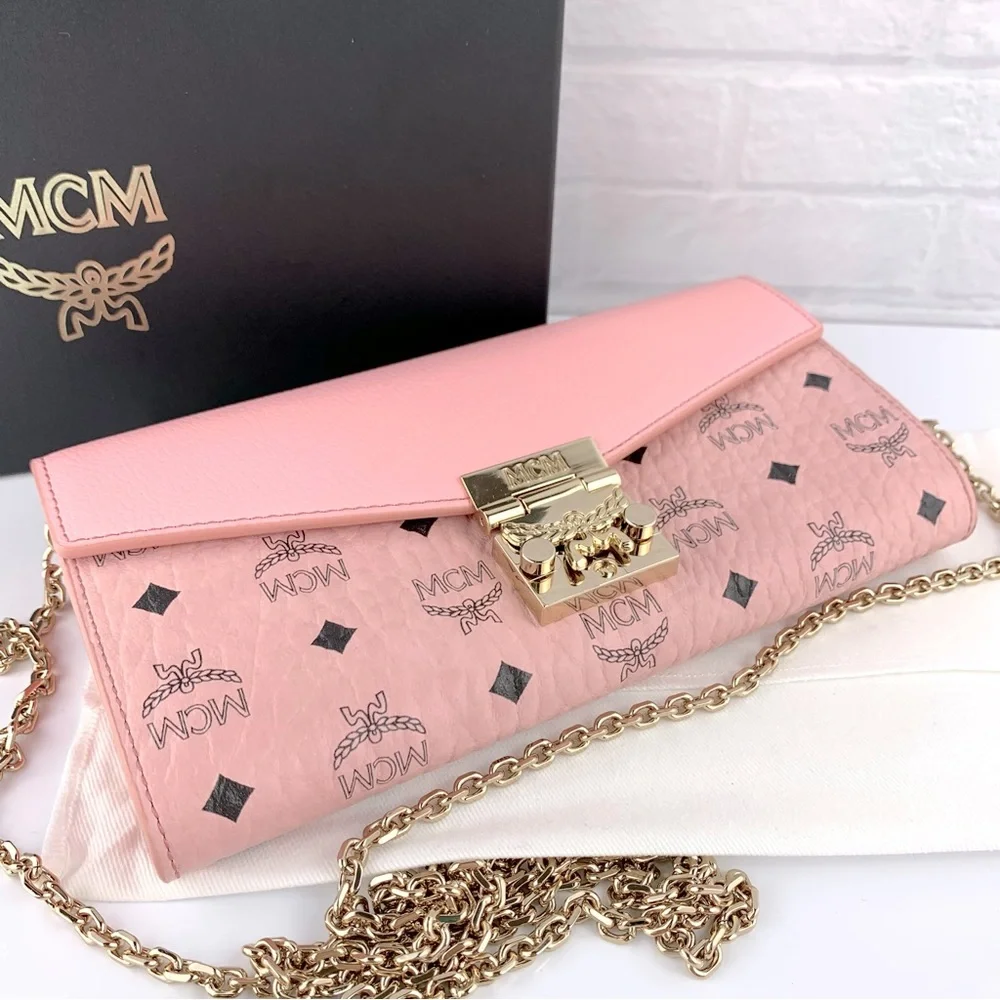 NEW! MCM Visetos Pink Diamond Pattern Tracy Wallet Chain Crossbody Bag $550 - Picture 3 of 16
